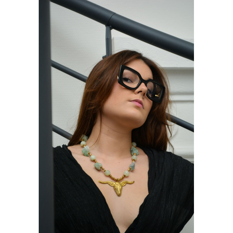Collier ethnique- tête de buffle - Jaspe serpent