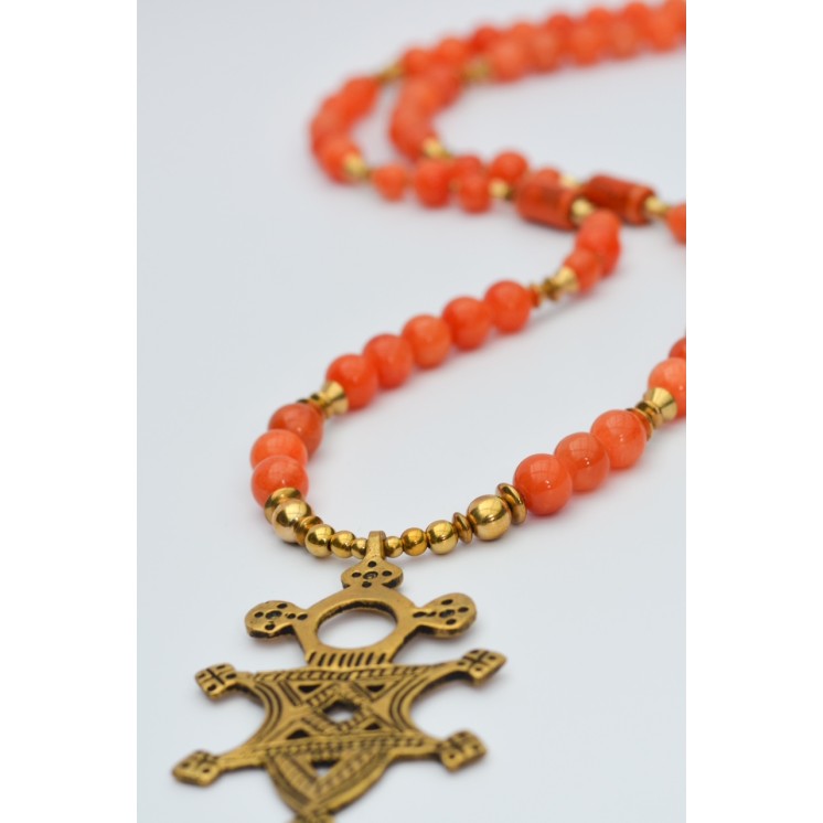 Collier ethnique- Croix éthiopienne - Grenat