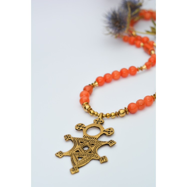 Collier ethnique- Croix éthiopienne - Grenat