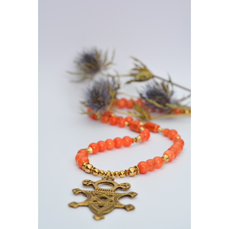 Collier ethnique- Croix éthiopienne - Grenat
