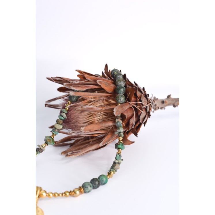 Collier ethnique- tête de lion - Œil de tigre bleue et jaune