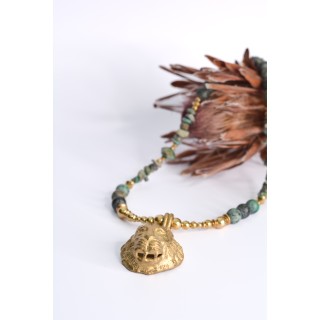 Collier ethnique- tête de lion - Œil de tigre bleue et jaune