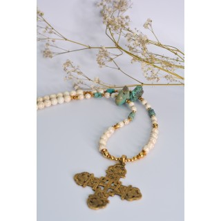 Collier ethnique- Croix éthiopienne - Grenat