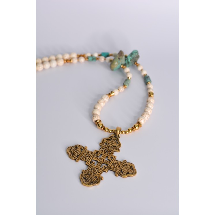 Collier ethnique- Croix éthiopienne - Grenat