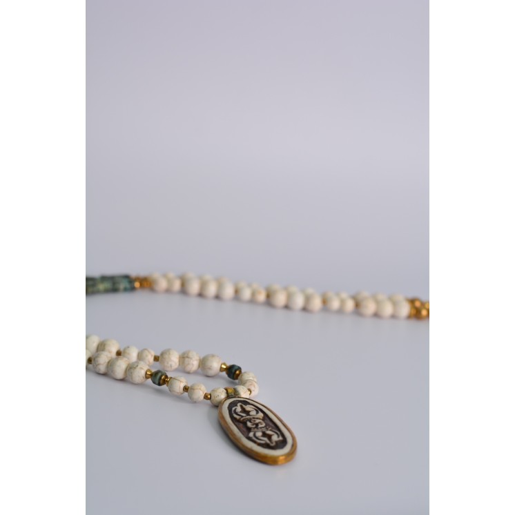Collier ethnique- tête de lion - Œil de tigre bleue et jaune