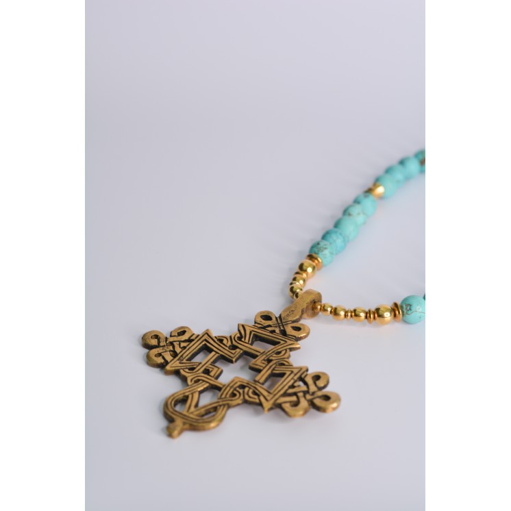 Collier ethnique- Croix éthiopienne - Grenat