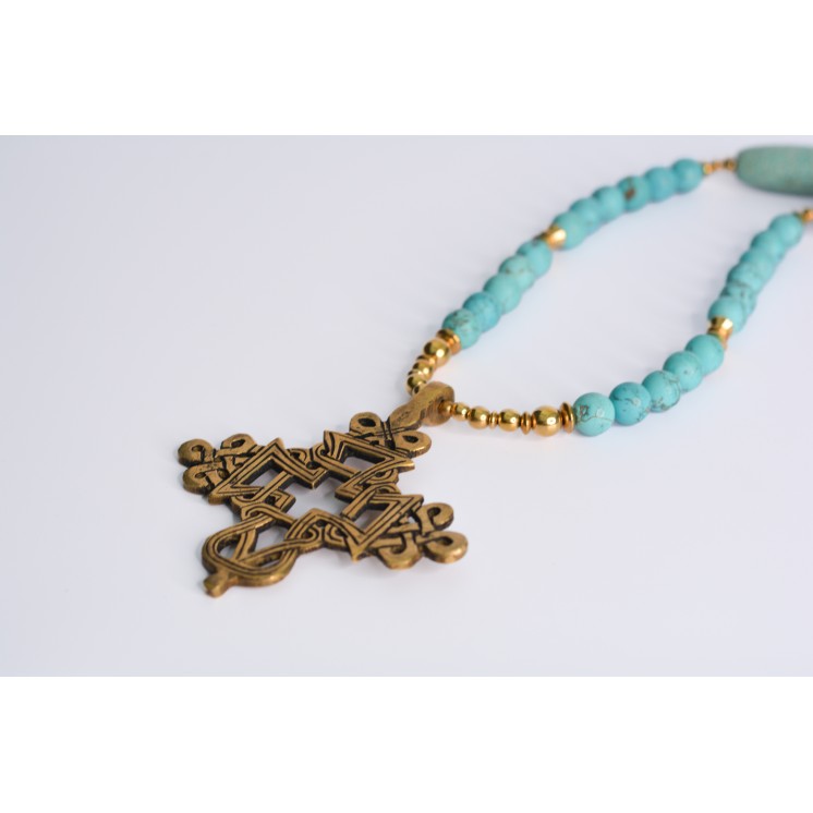 Collier ethnique- Croix éthiopienne - Grenat