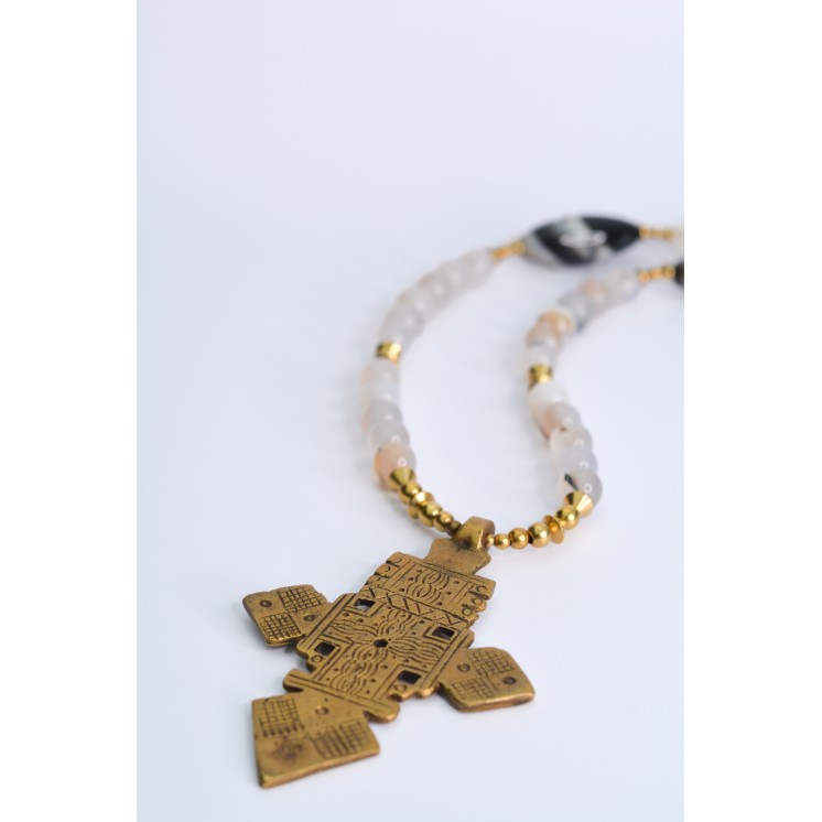 Collier ethnique- Croix éthiopienne - Grenat