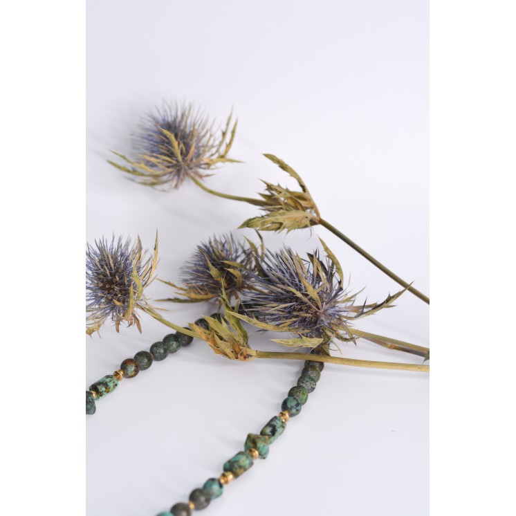 Collier ethnique- tête de lion - Œil de tigre bleue et jaune