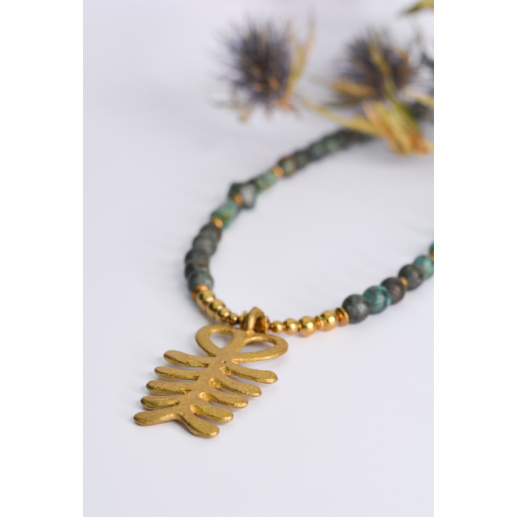 Collier ethnique- tête de lion - Œil de tigre bleue et jaune