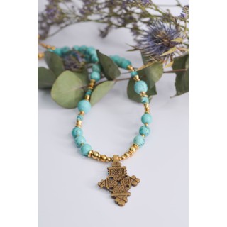 Collier ethnique- Croix éthiopienne - Grenat
