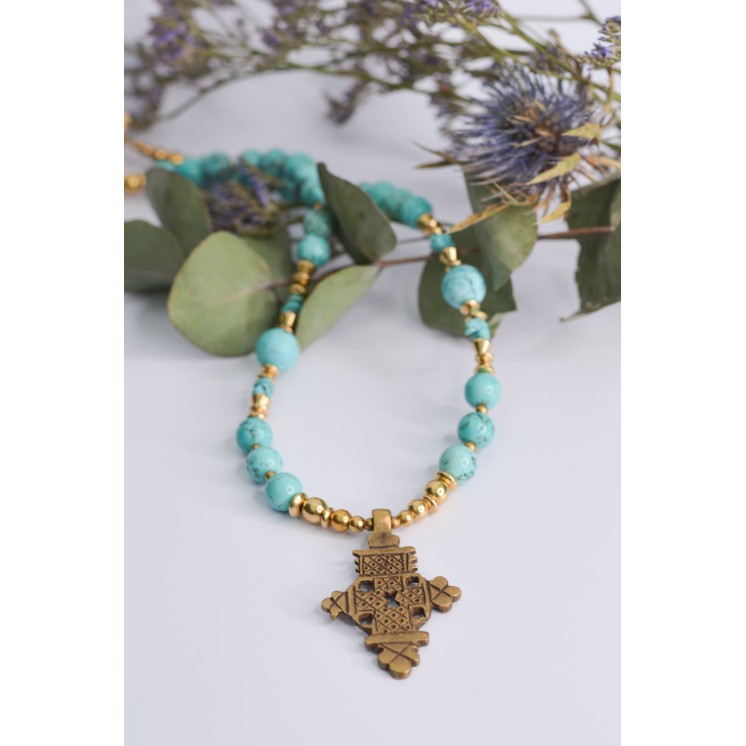 Collier ethnique- Croix éthiopienne - Grenat