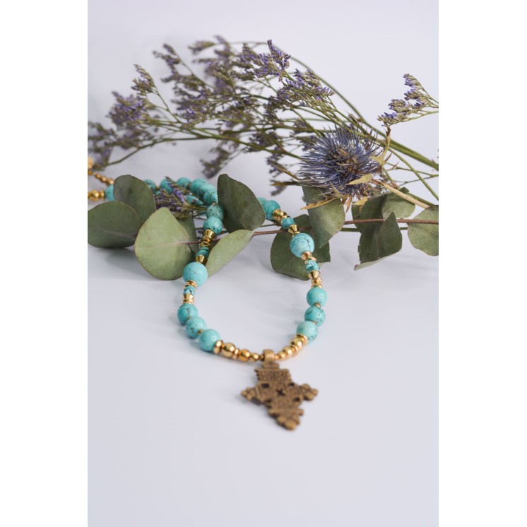 Collier ethnique- Croix éthiopienne - Grenat