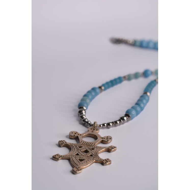 Collier ethnique- Croix éthiopienne - Grenat
