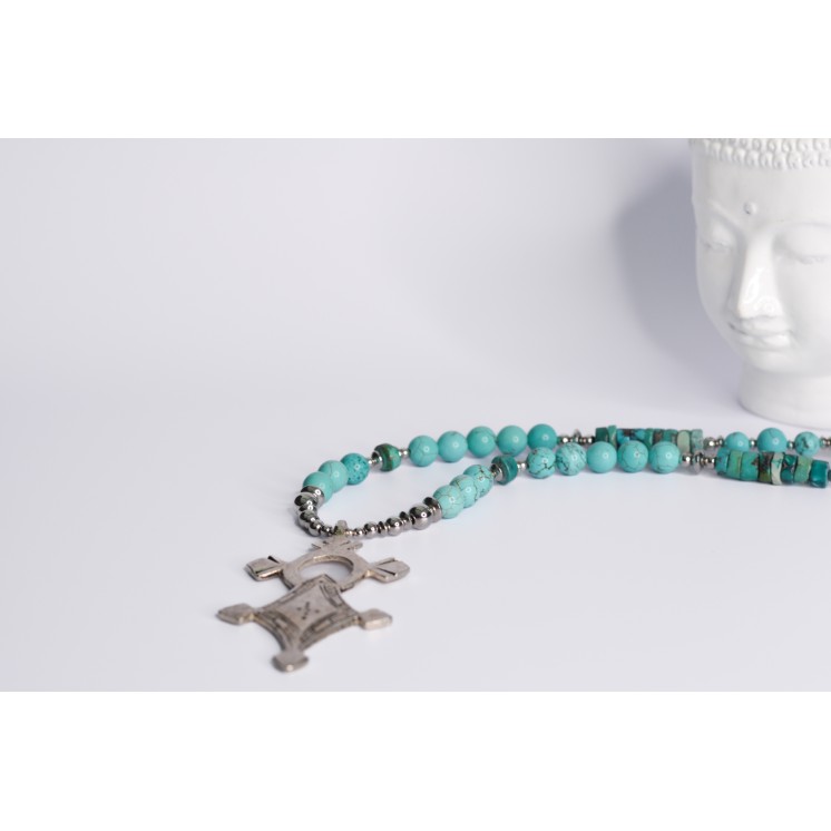 Collier ethnique- Croix éthiopienne - Grenat