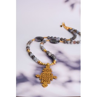Collier ethnique- Croix éthiopienne - Grenat