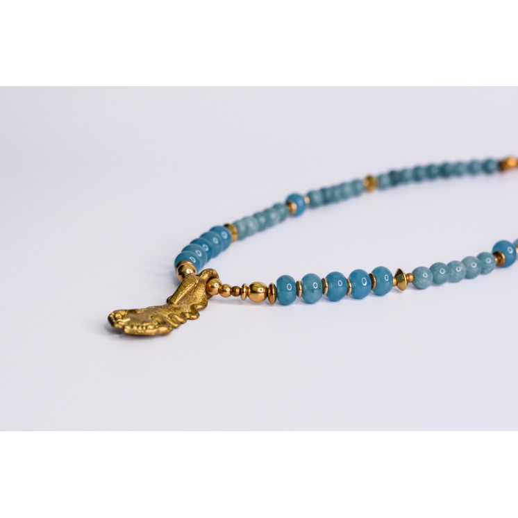 Collier ethnique- tête de lion - Œil de tigre bleue et jaune