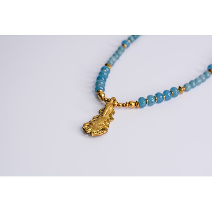 Collier ethnique- tête de lion - Œil de tigre bleue et jaune
