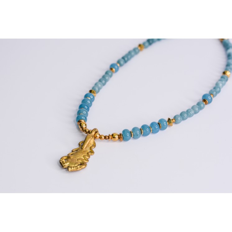 Collier ethnique- tête de lion - Œil de tigre bleue et jaune