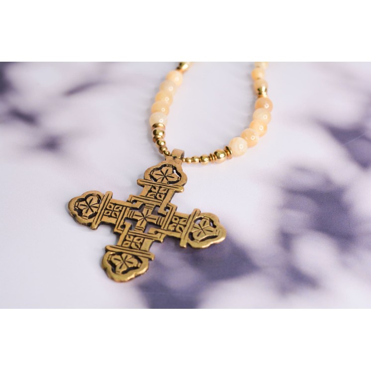 Collier ethnique- Croix éthiopienne - Grenat