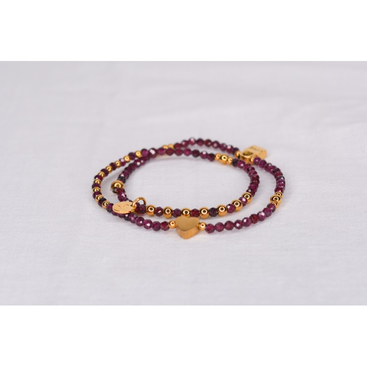 Bracelet LINA Grenat Facettes 49€ | Cœur Cadenas Acier Doré