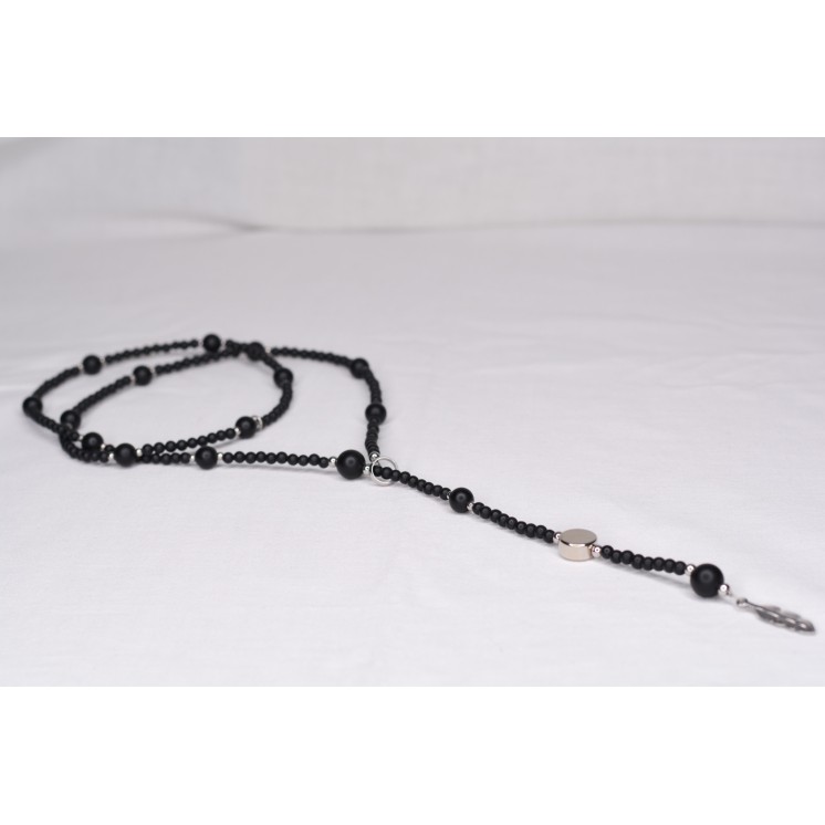 Sautoir LYA Onyx Mat Pendentif Plume 99€ | Perles Naturelles Acier Argent