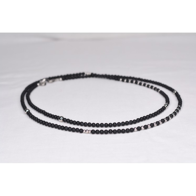 Sautoir LIV Onyx Noir Mat 99€ | Perles Naturelles Acier Argent 92cm