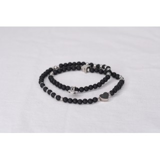 Bracelet LINA Double Onyx Mat - Cœur et Papillon