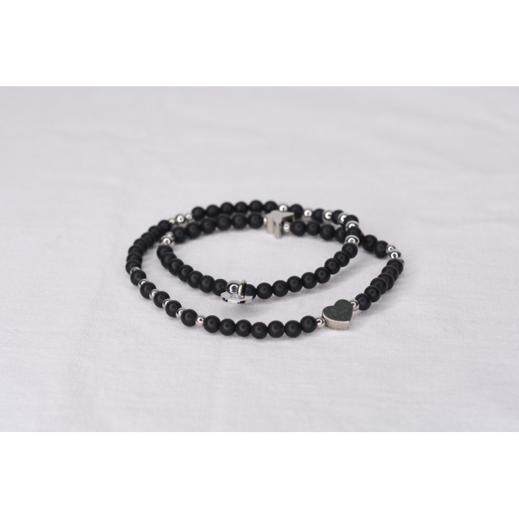 Bracelet LINA Double Onyx Mat - Cœur et Papillon