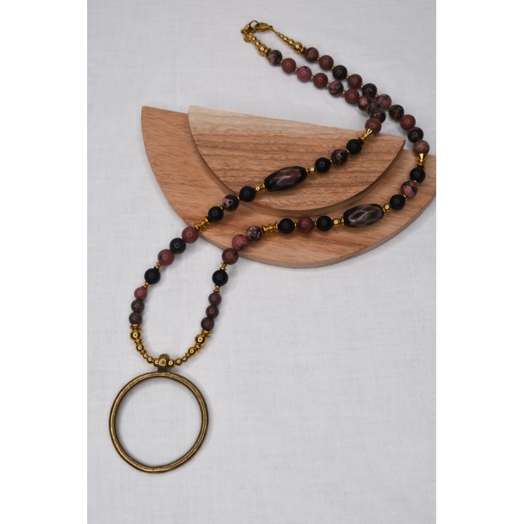 COLLECTION ETHNIQUE - Collier Amélie RHODONITE - ONYX NOIR MAT