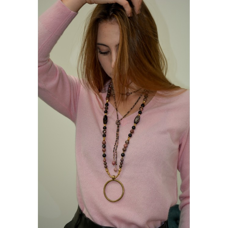 COLLECTION ETHNIQUE - Collier Amélie RHODONITE - ONYX NOIR MAT