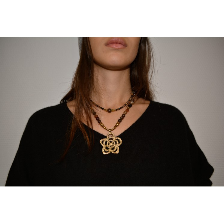 Collier ethnique - fleur - Agate marron