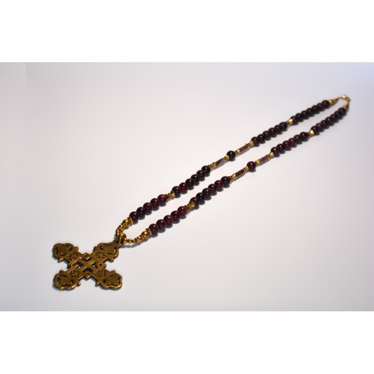 Collier ethnique- Croix éthiopienne - Grenat