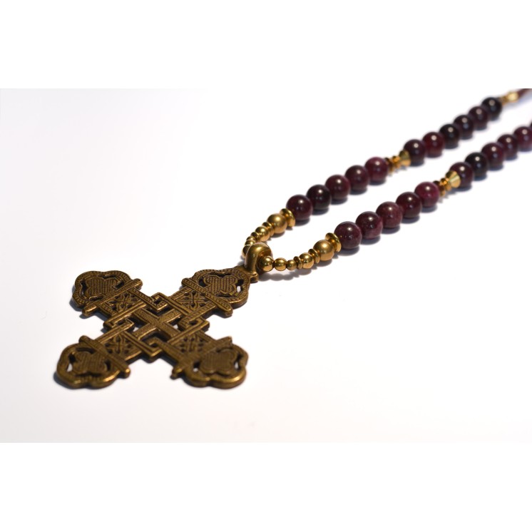 Collier ethnique- Croix éthiopienne - Grenat