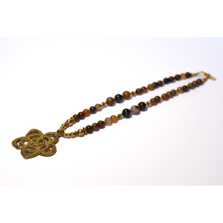 Collier ethnique - fleur - Agate marron