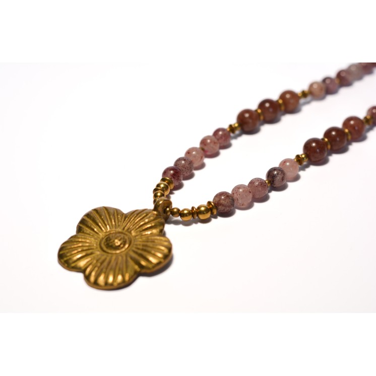 Collier ethnique - fleur 2 - Quartz Strawberry
