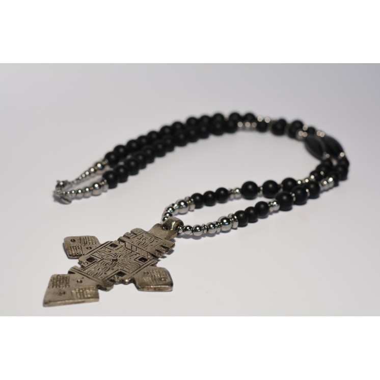 Collection Ethnique - CROIX ETHIOPIENNE ARGENT ONYX MAT