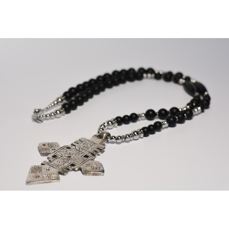 Collection Ethnique - CROIX ETHIOPIENNE ARGENT ONYX MAT