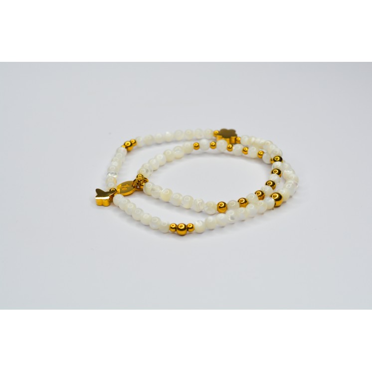 Bracelet LINA Double Perles de Coquillage blanche - Fleur et Papillon