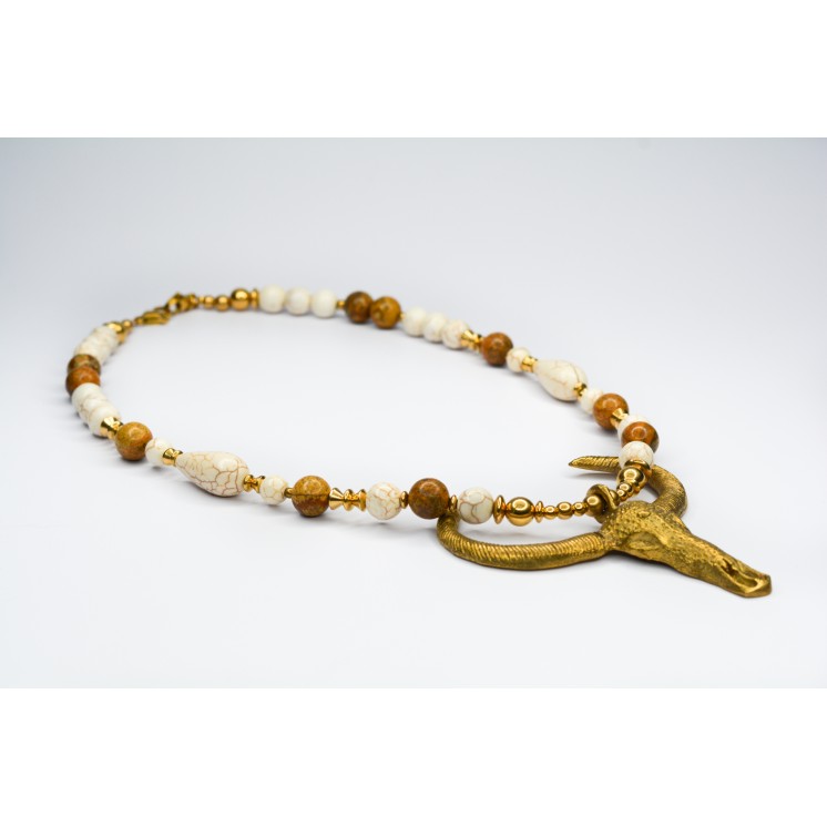 Collection Ethnique - TÊTE DE BUFFLE HOWLITE ET JASPE PAYSAGE