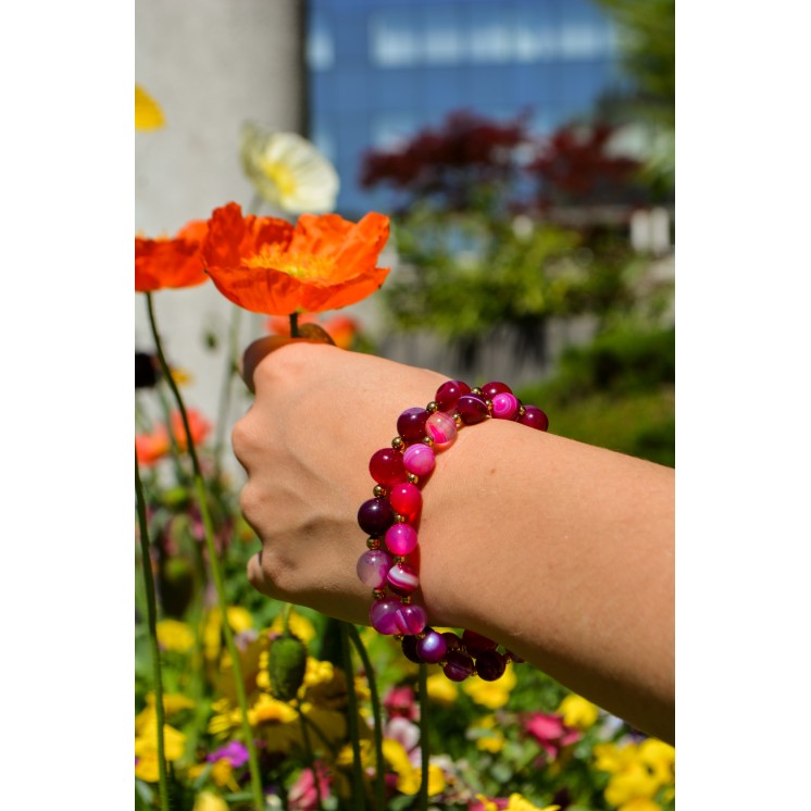 Bracelet LORI - Agate rayures fuschia 10mm