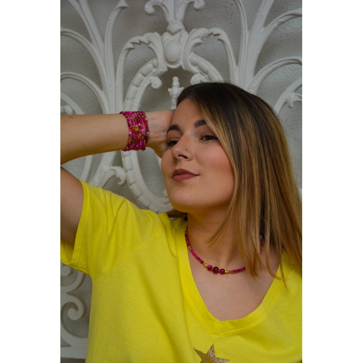 Collier EMY 3B Agate Fuchsia rayée