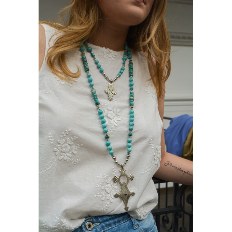 Collier ethnique- Croix éthiopienne - Grenat