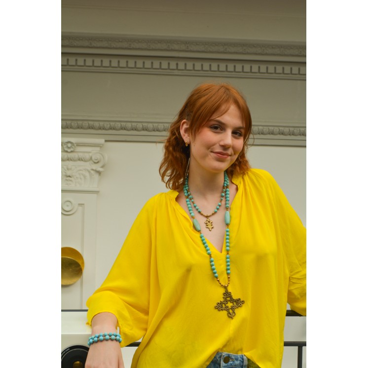 Collier ethnique- Croix éthiopienne - Grenat