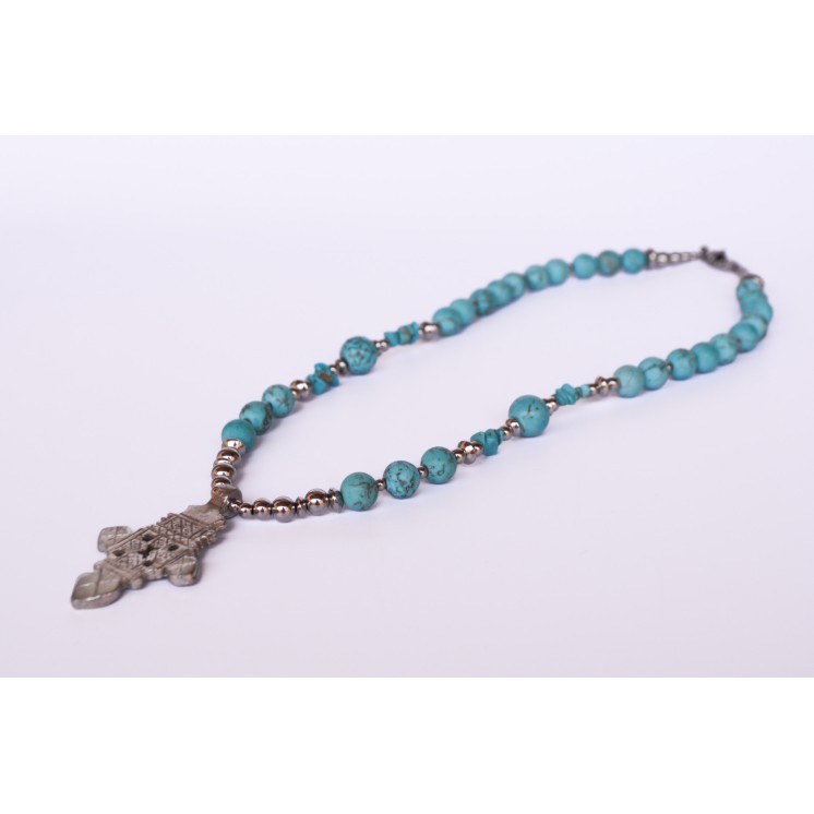 Collier ethnique- Croix éthiopienne - Grenat