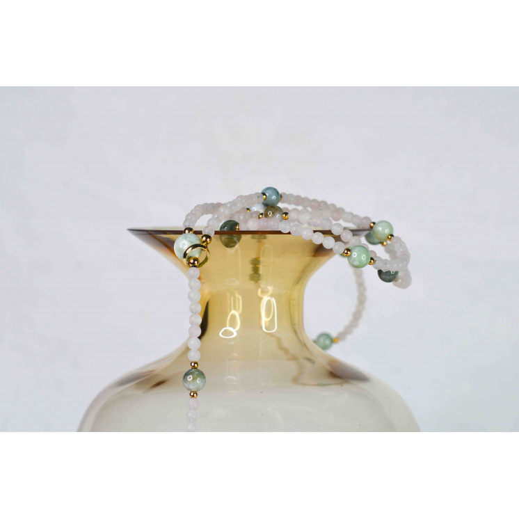 Collier LYA - Pendentif Fleur de Ginkgo biloba en Quartz rose et Jade