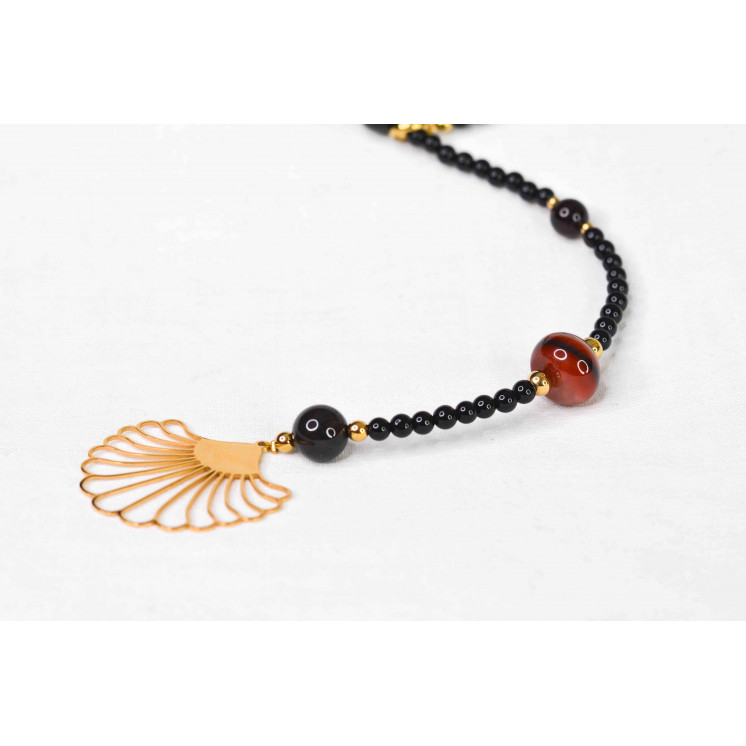 Collier LYA - Pendentif Éventail en Onyx noire et Agate Dream