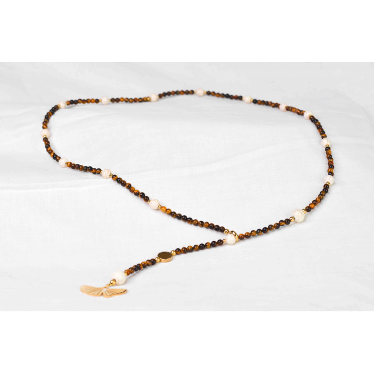 LYA - Pendentif Fleur de Ginkgo biloba en Œil de Tigre et Howlite