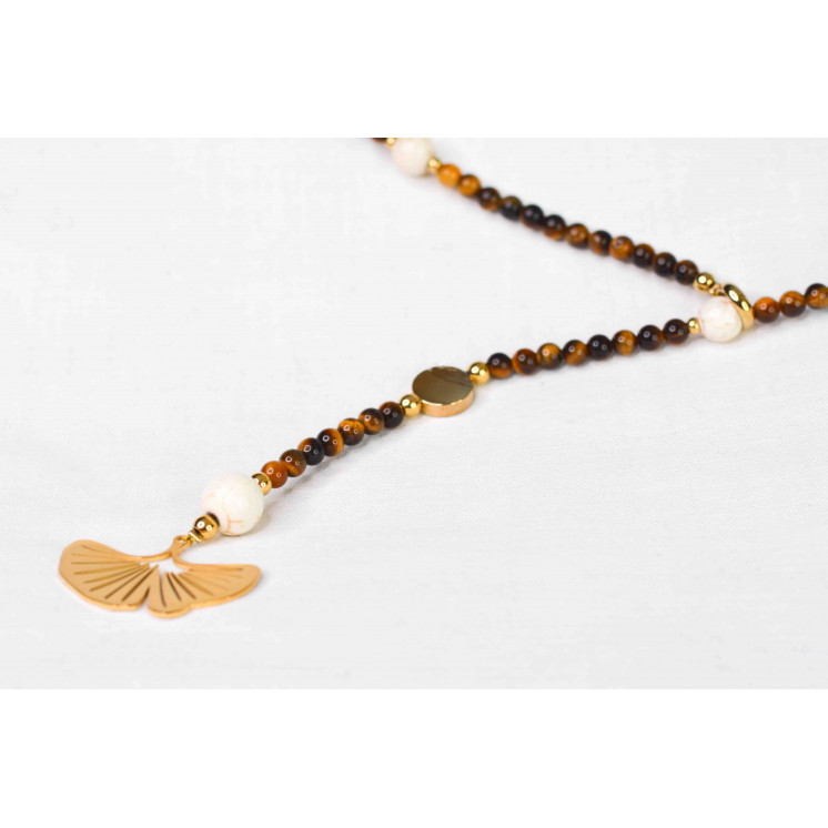 LYA - Pendentif Fleur de Ginkgo biloba en Œil de Tigre et Howlite
