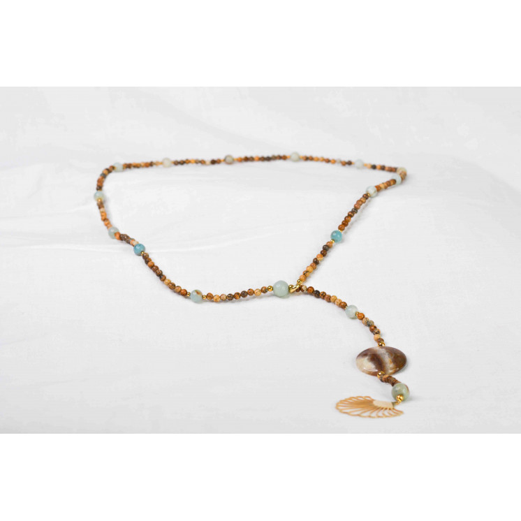 Collier LYA - Pendentif Éventail en Jaspe Paysage et Amazonite